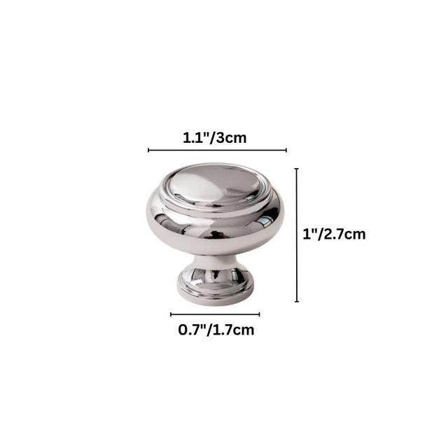 "Dimensions of a polished chrome brass cabinet knob with a classic, elegant design."
