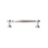 "A polished chrome brass pull bar with a classic, elegant design, isolated on a white background."
