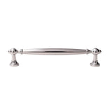 "A luxury polished chrome brass pull bar with an elegant, timeless design, isolated on a white background."