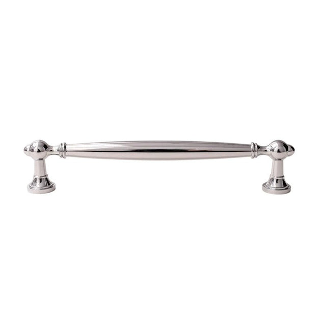 "A luxury polished chrome brass pull bar with an elegant, timeless design, isolated on a white background."