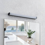 "Modern black wall lamp with a white diffuser, mounted above a bathroom mirror with a blurred view of a sink and plant."