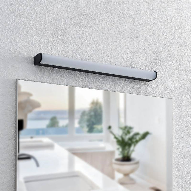 "Modern black wall lamp with a white diffuser, mounted above a bathroom mirror with a blurred view of a sink and plant."