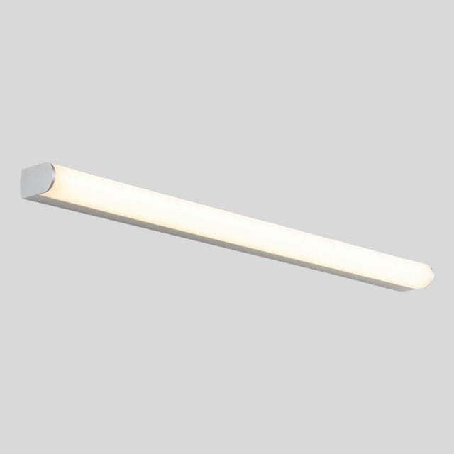 "White modern wall lamp with a long, illuminated white diffuser, isolated on a light gray background."