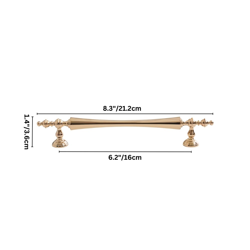 "Dimensions diagram of a brass pull bar with a tapered spindle design and intricate finials, showing measurements."