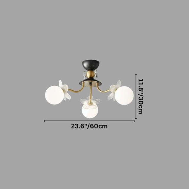 "Diagram showing the dimensions of a multi-light ceiling fixture with glass globes and petal details, with measurements in inches and centimeters."