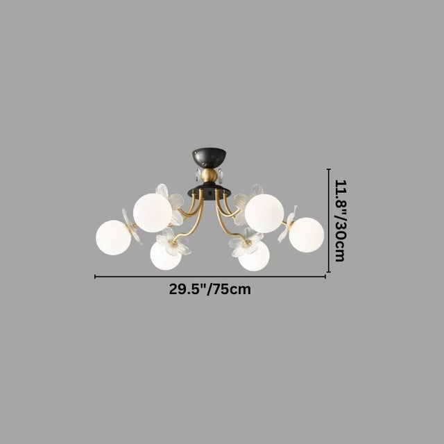 "Diagram showing the dimensions of a multi-light ceiling fixture with glass globes and petal details, with measurements in inches and centimeters."
