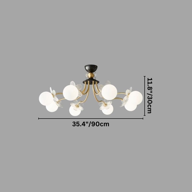 "Diagram showing the dimensions of a multi-light ceiling fixture with glass globes and petal details, with measurements in inches and centimeters."