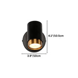 "A black and gold wall lamp with a round base and a cylindrical shade, shown against a white background with dimension measurements."