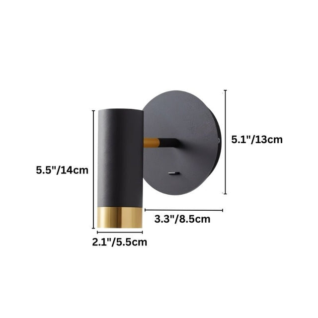 "A black and gold wall lamp with a round base and a cylindrical shade, shown against a white background with dimension measurements."
