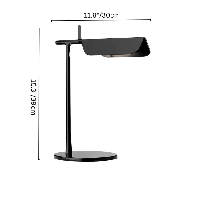 "Black metal table lamp with adjustable shade, displaying product dimensions of 15.3 inches in height and 11.8 inches in width"