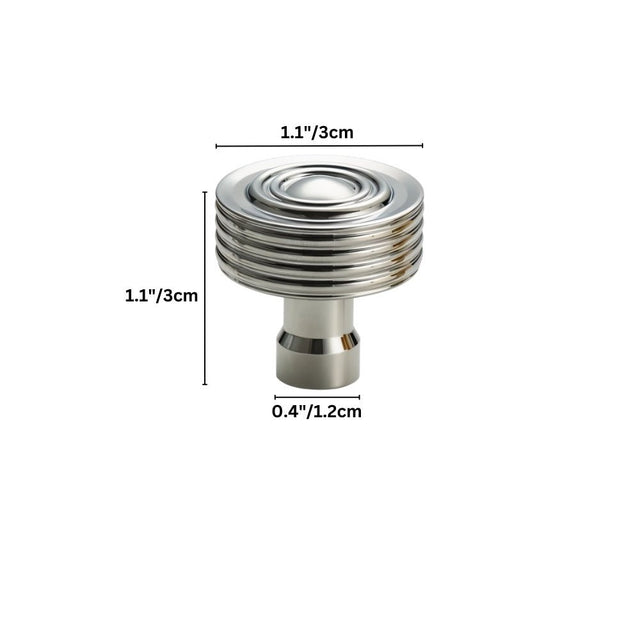 "Dimensions of a concentric ringed brass knob with a ridged surface, suitable for modern and transitional interiors."