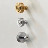 "Brass knobs with concentric ring designs and ridged surfaces in three metallic finishes: polished brass, nickel, and chrome."