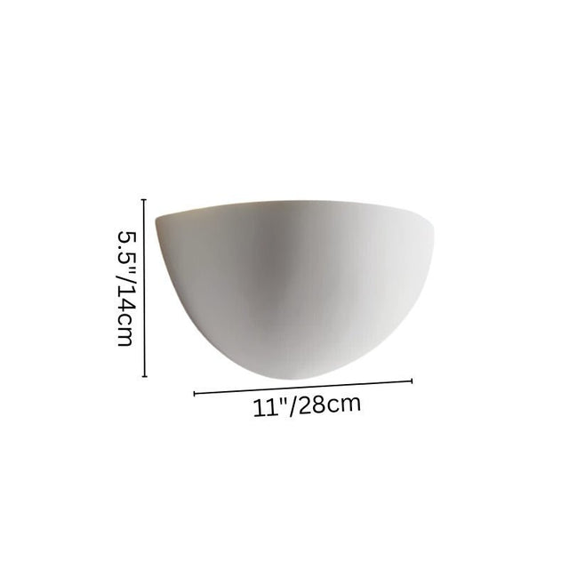 "Dimensions of the gypsum and aluminum half-sphere wall light: 5.5 inches (14 cm) in height and 11 inches (28 cm) in width, designed to add modern elegance to contemporary spaces."