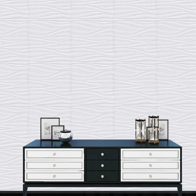 Lavic 3D wavy wall panels installed behind a modern black and white console table, adding texture and elegance to interior decor.