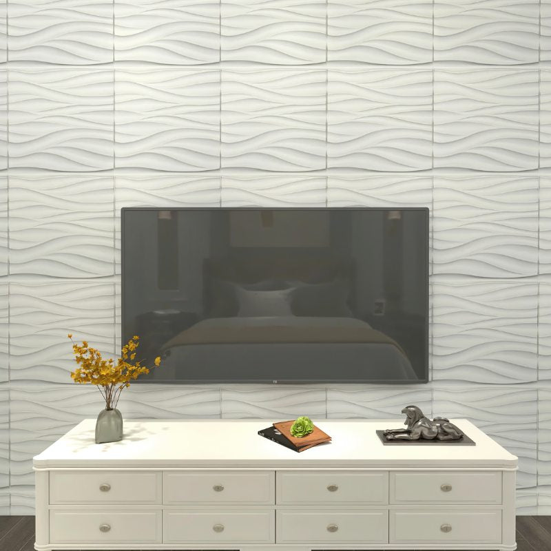 Lavic 3D wavy wall panels used as a TV backdrop in a contemporary bedroom, offering a sleek and textured design element.