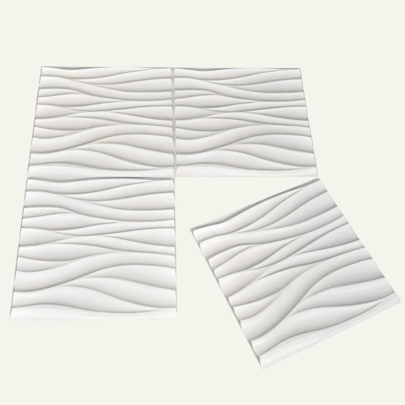 Four Lavic 3D wavy wall panels displayed on a flat surface, highlighting their interlocking design and wave texture for easy installation.