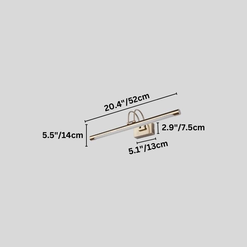 "A silver wall lamp with a linear LED bar and dual-arch mounting, 52cm in length, showing detailed dimensions in inches and centimeters on a grey background."