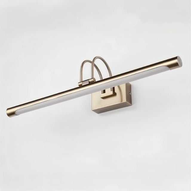 "A brushed nickel wall lamp with a linear LED bar and dual-arch mounting, shown against a white background."