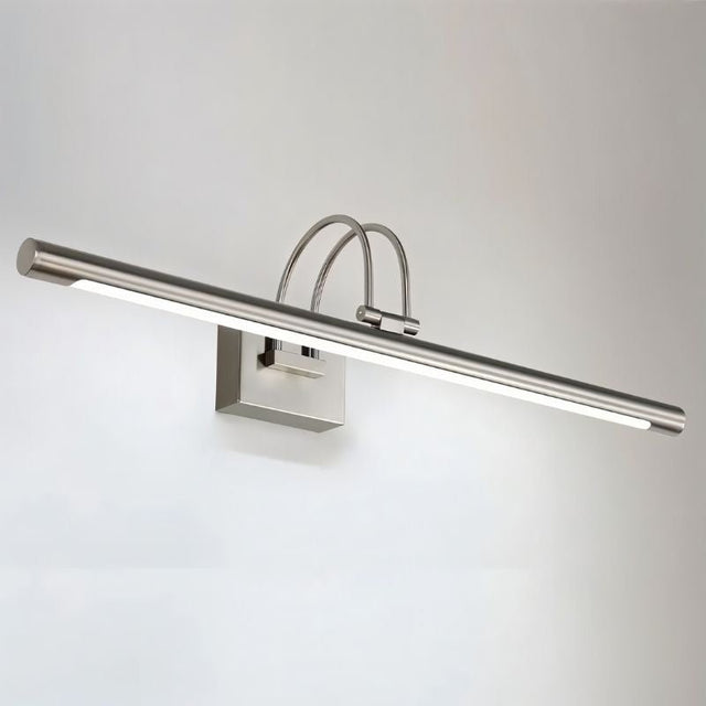 "A silver wall lamp with a linear LED bar and dual-arch mounting, shown illuminated against a plain white background."