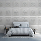 Bedroom interior featuring Lberin Wall Panels as a decorative backdrop, showcasing elegant floral motifs in white PVC.