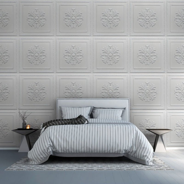 Bedroom interior featuring Lberin Wall Panels as a decorative backdrop, showcasing elegant floral motifs in white PVC.