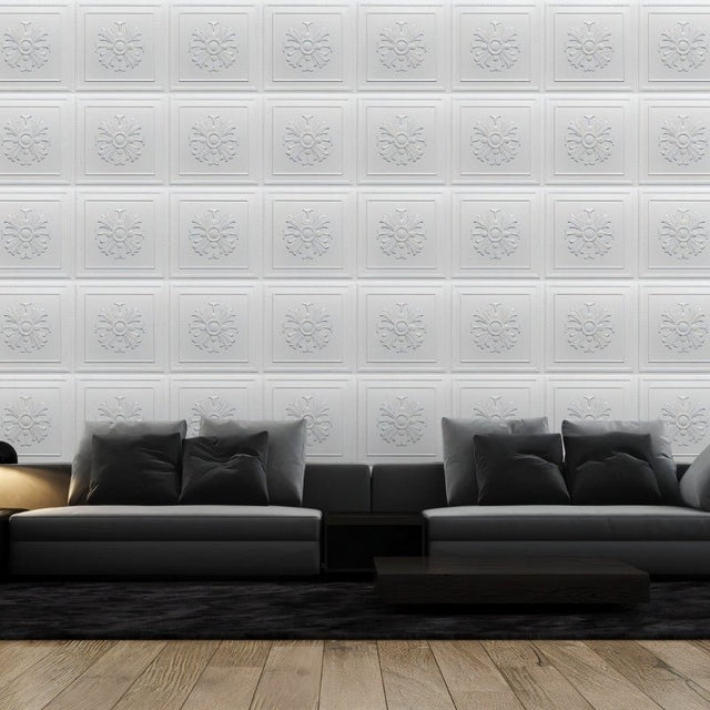 Modern living room with Lberin Wall Panels in white PVC, creating a textured accent wall with repeating floral patterns.