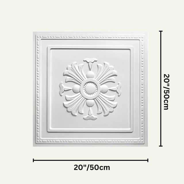 Lberin Wall Panel dimensions shown as 20x20 inches, highlighting detailed floral embossing and border design in white PVC.