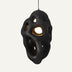 Black organic-shaped pendant light with gold interior accents, suspended against a white background.