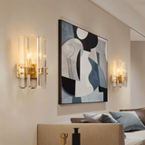 Lenvo Crystal Copper Wall Lights installed in a contemporary living space with abstract art, ideal for stylish interiors.