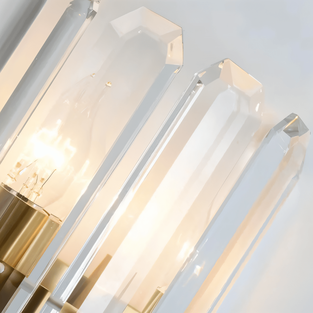 Detailed view of crystal rods on the Lenvo Wall Lamp, highlighting the clarity and light dispersion of the fixture.