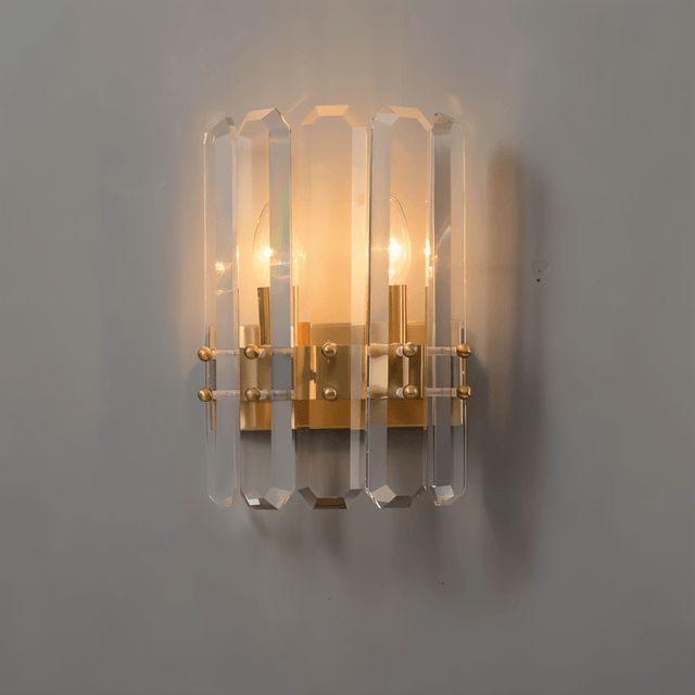 Front view of Lenvo Crystal Copper Wall Light against a neutral wall, showcasing its sleek and modern design.