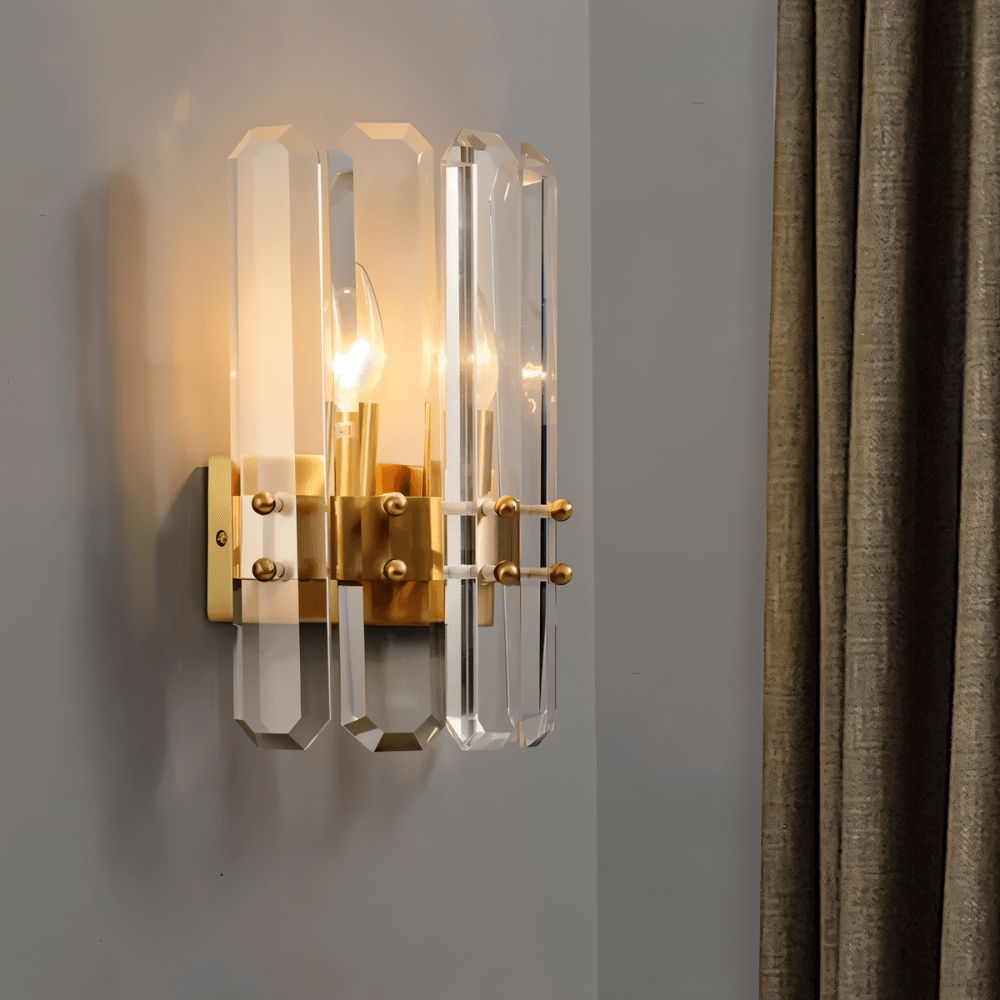 Side view of Lenvo Crystal Copper Wall Light showcasing its crystal panels and copper base, perfect for modern indoor lighting.