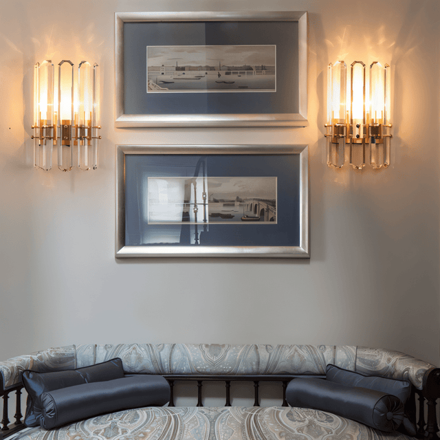 Pair of Lenvo Crystal Copper Wall Lights flanking framed artwork in a classic living room setup, enhancing ambient lighting.
