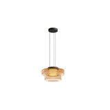 "An amber glass disc pendant light with tiered design."