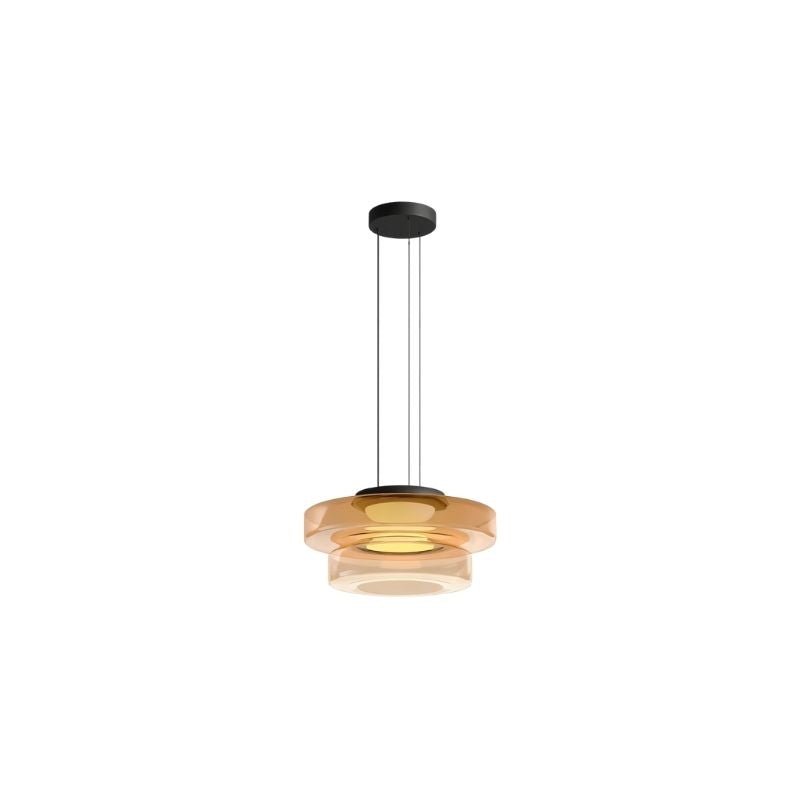 "An amber glass disc pendant light with tiered design."