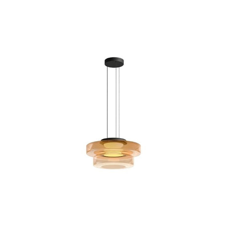 "An amber glass disc pendant light with tiered design."
