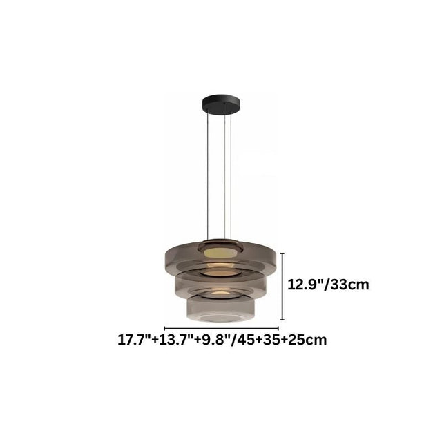 "A glass disc pendant light showing product dimensions."