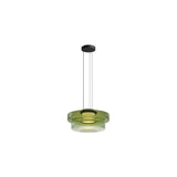 "A green glass disc pendant light with tiered design."