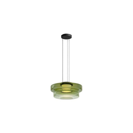 "A green glass disc pendant light with tiered design."