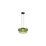 "A green glass disc pendant light with tiered design."