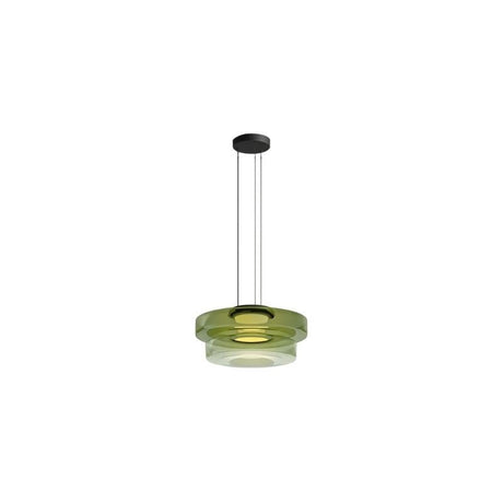"A green glass disc pendant light with tiered design."