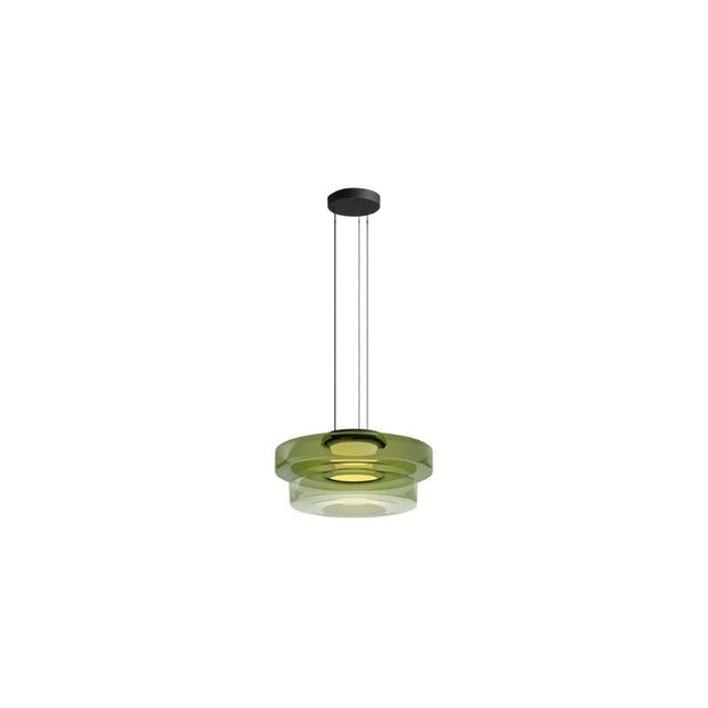 "A green glass disc pendant light with tiered design."