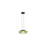 "A single green glass disc pendant light."