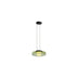 "A single green glass disc pendant light."