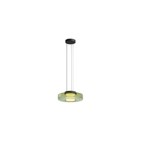 "A single green glass disc pendant light."