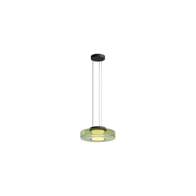 "A single green glass disc pendant light."