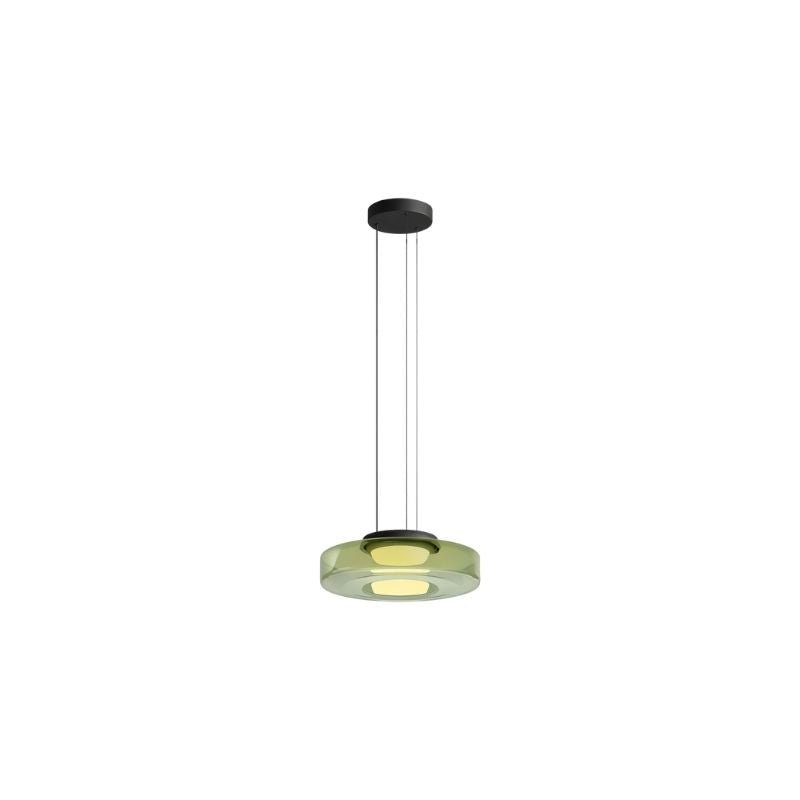 "A single green glass disc pendant light."