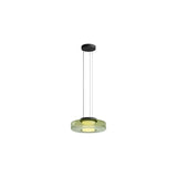 "A single green glass disc pendant light."
