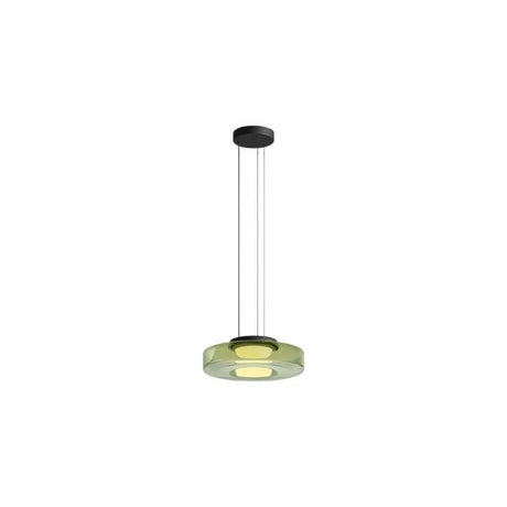 "A single green glass disc pendant light."