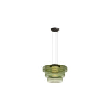 "A green glass disc pendant light with tiered design."
